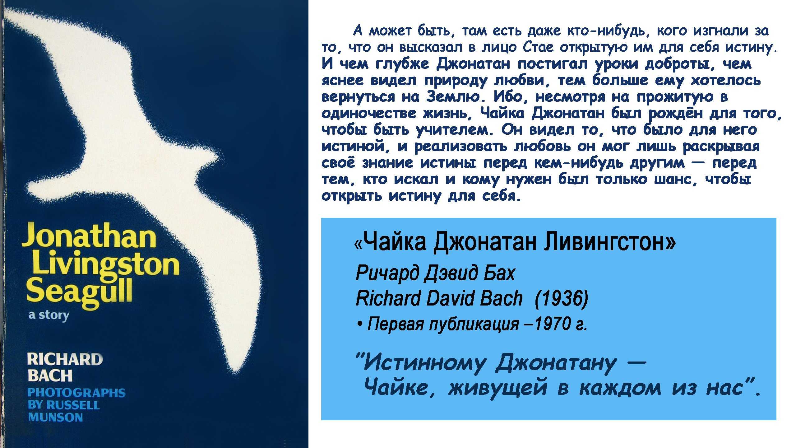 Краткое содержание чайка по имени джонатан. «чайка по имени джонатан ливингстон», художественный анализ повести ричарда баха